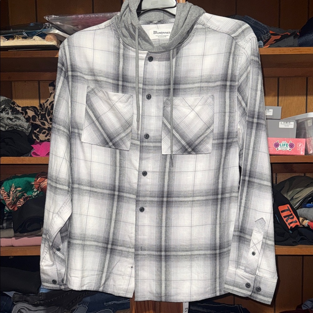 No Boundaries Gray Plaid Hooded Shirt (Blue, Tan, Gray available!)